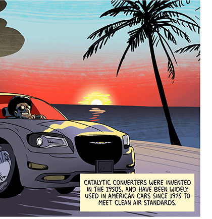 Text: These so-called platinum group metals help rid car exhaust of nitrogen oxides — which contribute to acid rain and smog — and deadly carbon monoxide. Catalytic converters were inverted in the 1950s, and have been widely used in American cars since 1975 to meet clean air standards. Illustration: Car, with smiling driver behind wheel and exhaust fumes billowing behind, travels along waterfront road lined with palm trees as sun sets on horizon.