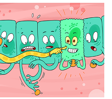 Illustration: The arm stretches until it pokes another cells in the cheek, energizing it. The others look on in surprise.