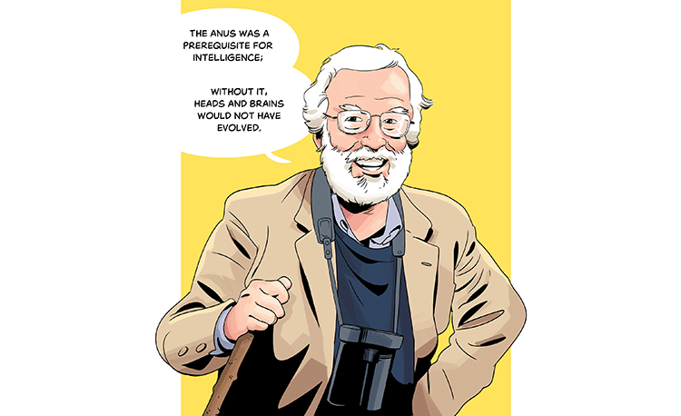 Text: “The anus was a prerequisite for intelligence; without it, heads and brains would not have evolved.” Illustration: Cavalier-Smith, a joyous man with a bushy white beard and glasses, leans on a walking stick. Around his neck hangs a pair of binoculars.