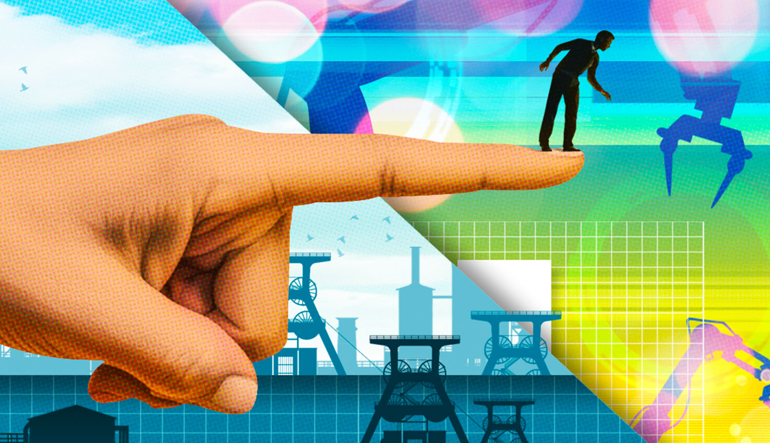 Conceptual illustration depicts the industrial revolution and a robotic computerized future. We see a giant finger pointing from the past to the future and a silhouette of a human being looking as though he is trying to find his place in the future. 
