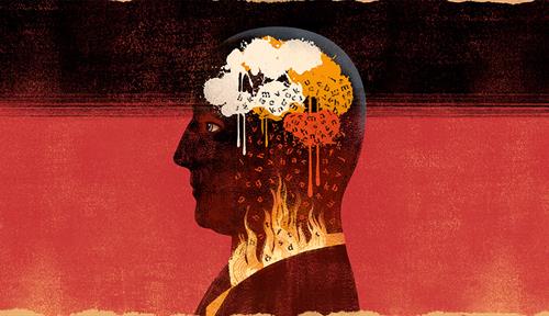 Conceptual illustration showing a man’s head and a brain that appears to be having problems, as well as flames (to indicate inflammation).