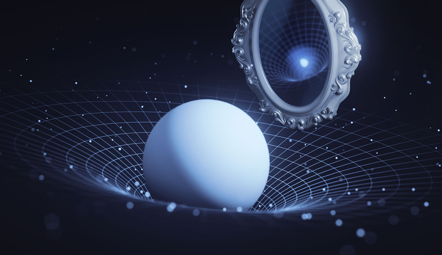 Illustration shows a large sphere distorting spacetime, with a smaller sphere reflected in a mirror.