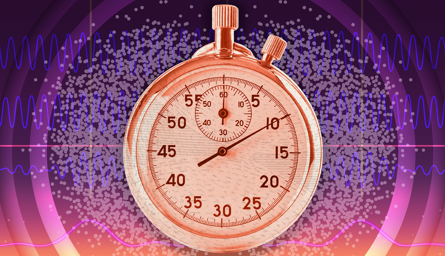 Conceptual illustration of a stopwatch surrounded by other elements like waves and atoms. 