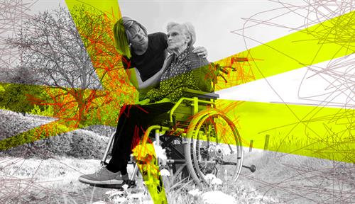 A photo illustration showing a younger woman assisting a senior in a wheelchair with colored lines to signify emotional stress.