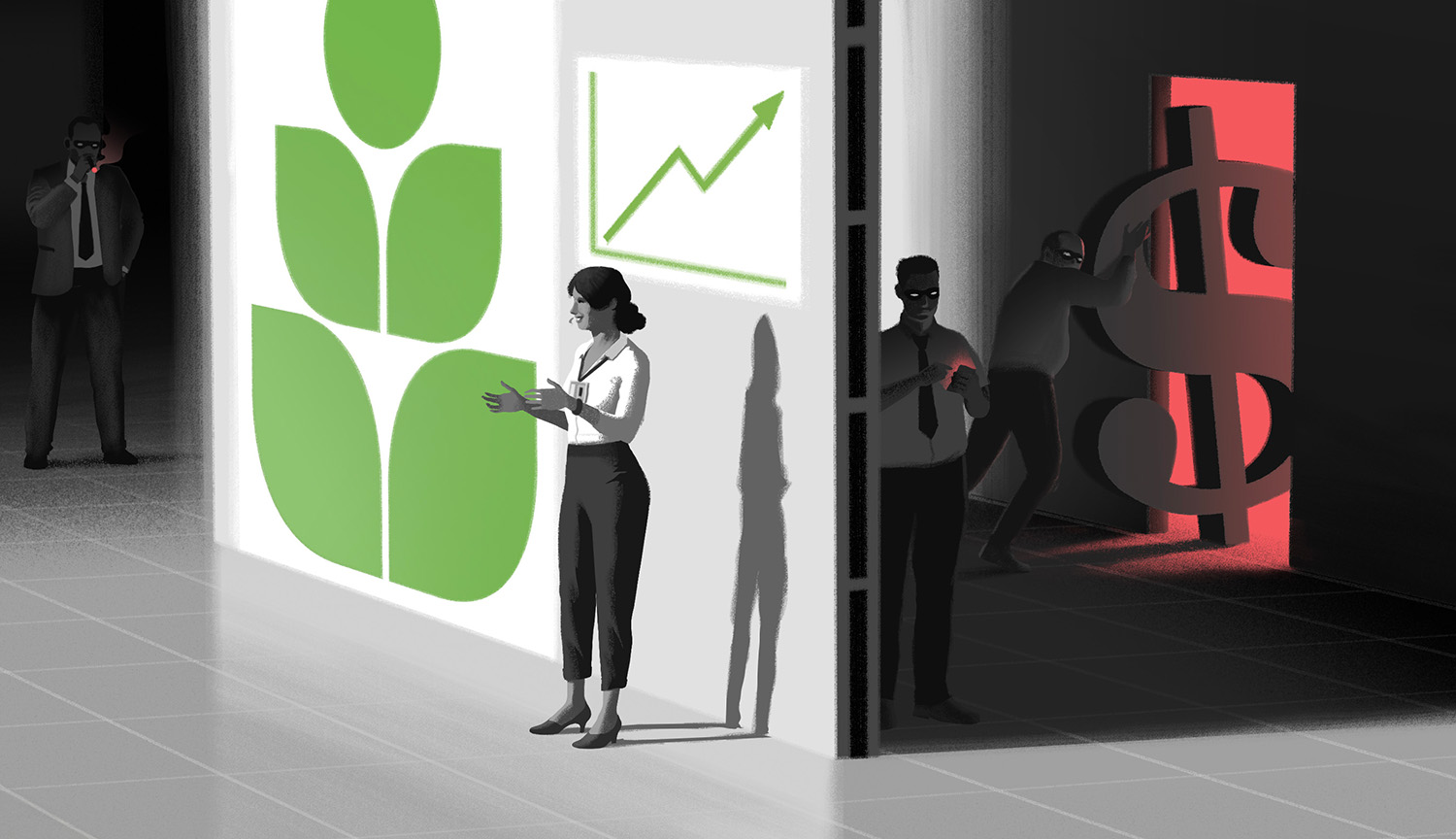 Conceptual illustration shows a woman standing by a wall adorned with an optimistic green graph of sales going up, while behind the wall is a man in a shadowy scene with a big dollar sign sneaking out a back door.