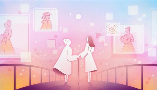 A young person accompanies an older one across a bridge as memories of the old person’s earlier life hover above them.