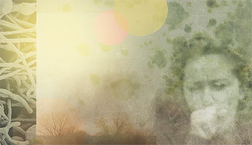 A woman coughs in a dusty landscape with images of fungal spores and filaments.