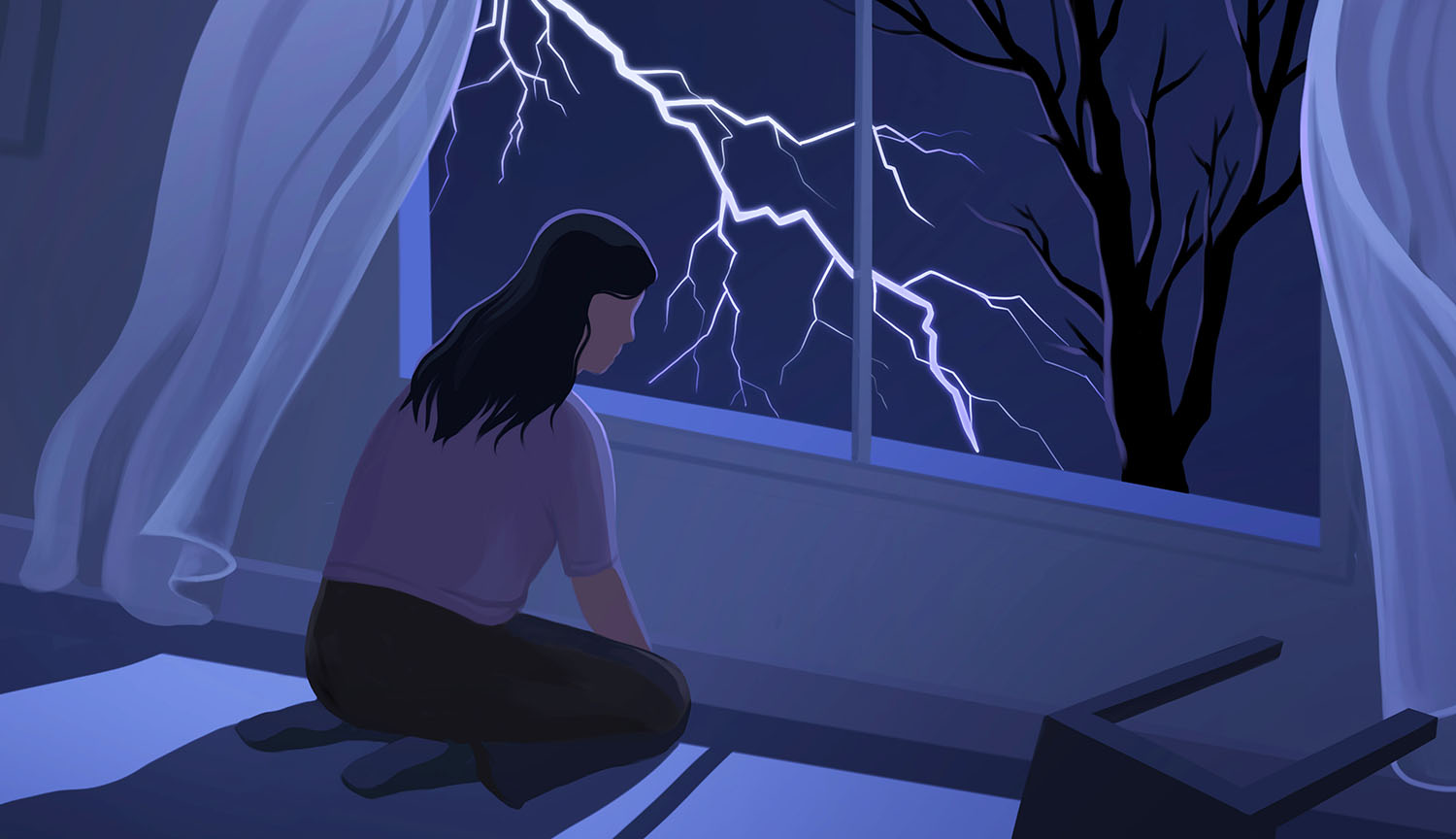 Conceptual illustration in dark blue tones shows a woman on her knees next to a smashed window; a chair is lying on its side behind her.