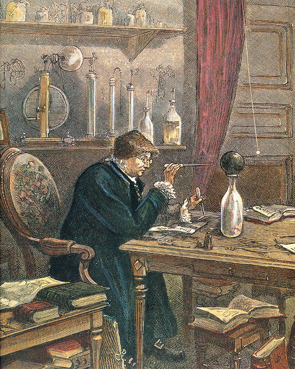 A 19th century French engraving depicts Benjamin Franklin experimenting in a study, surrounded by books and with various apparatuses on shelves, wearing a long robe, a fur hat and buckled shoes.