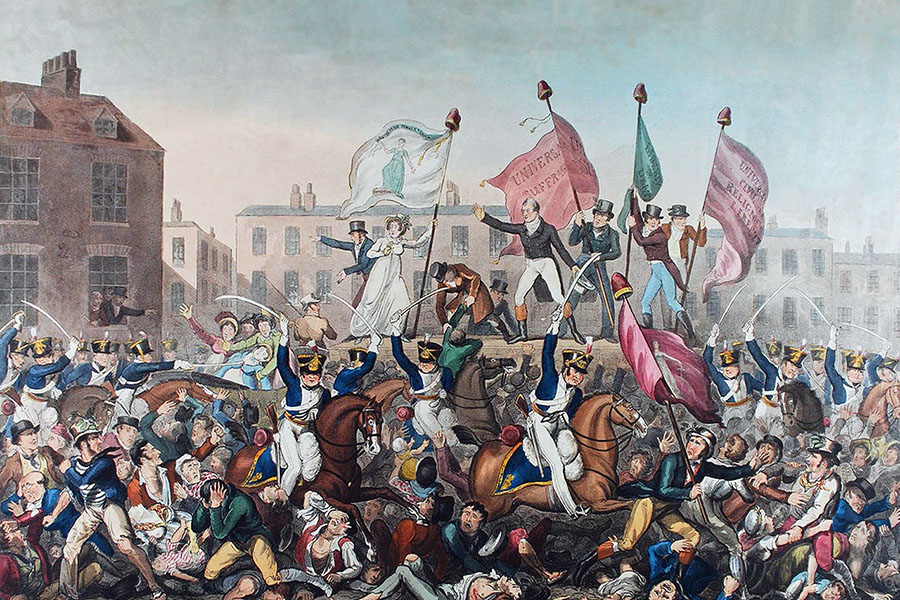 A painting shows a crowd of people being set upon by soldiers with their rapiers drawn. In the background are red brick buildings and men and women standing up on a platform holding banners.