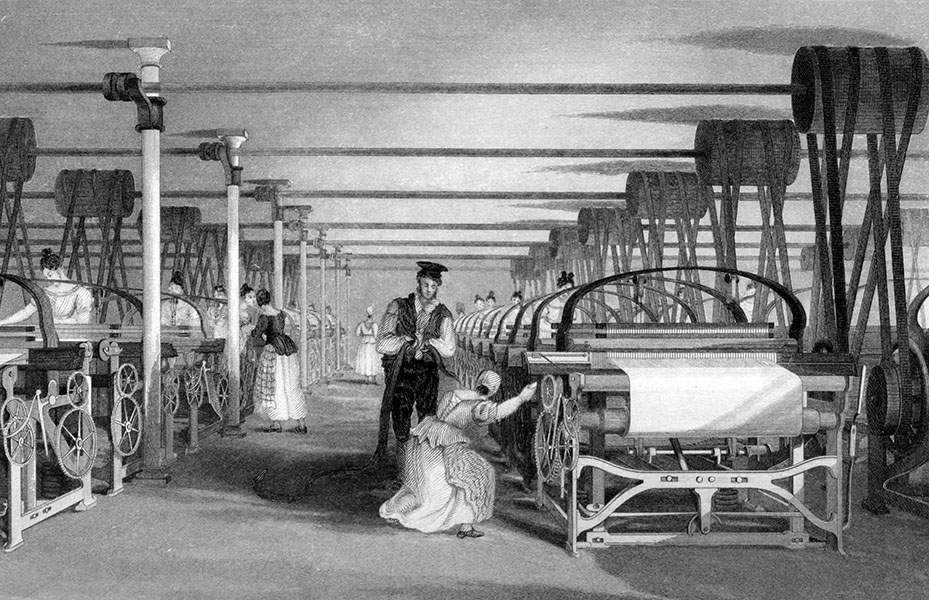 A print shows a row of automated looms with women working the machines. An overseer stands by one worker, seeming to examine the work.