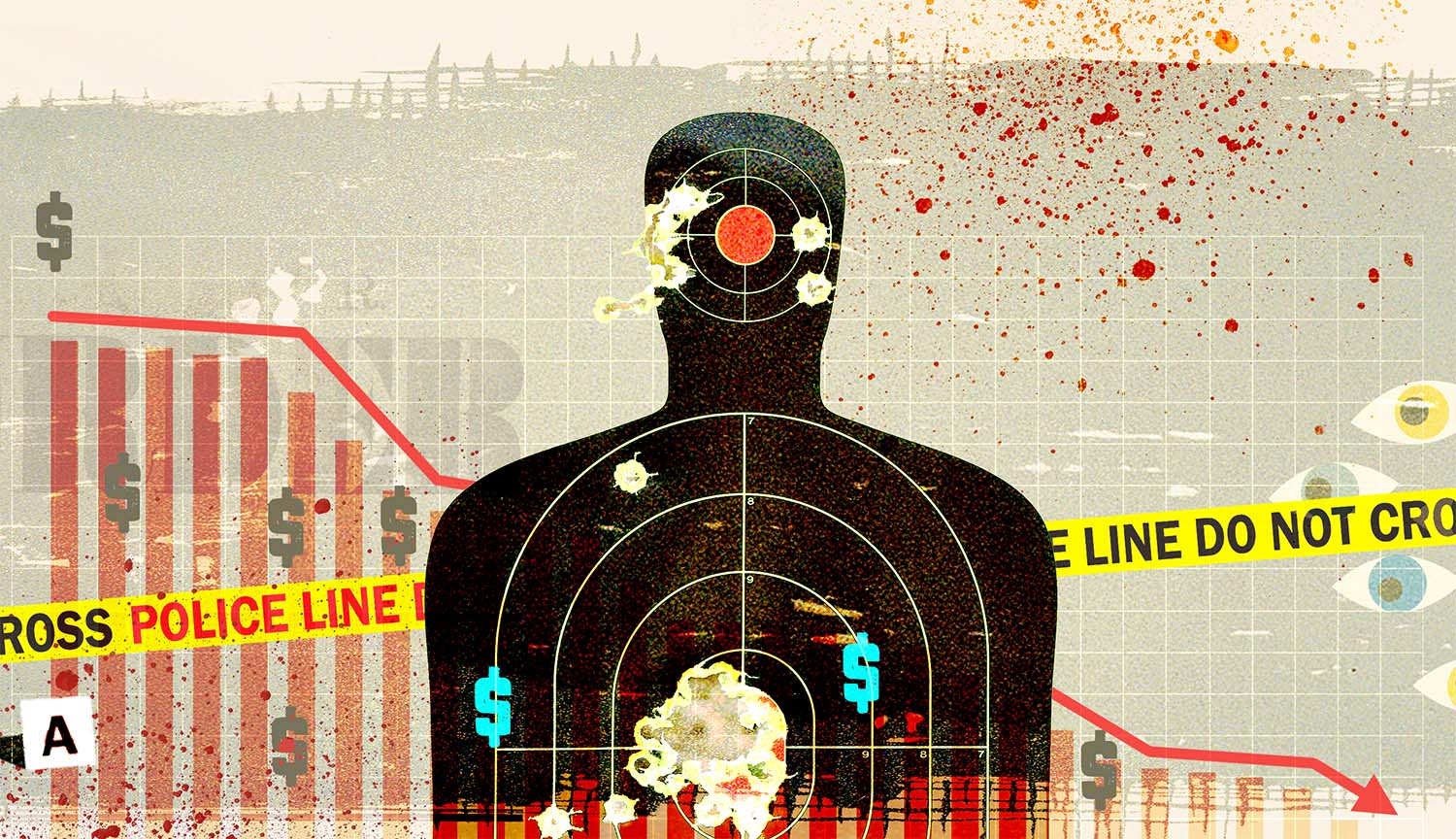 Conceptual collage shows a bar chart, police line tape, dollar signs and the shape of a human target.