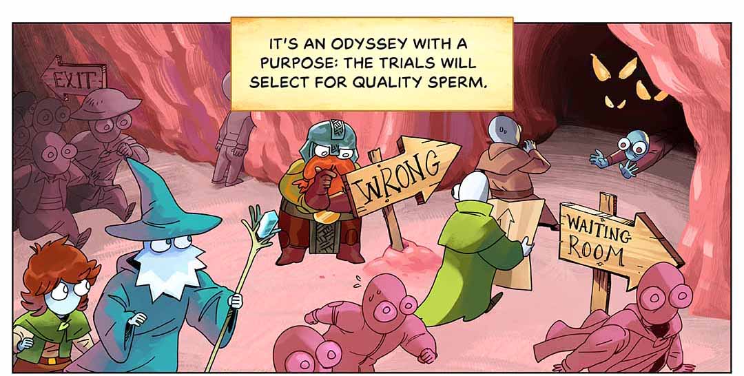 It’s an odyssey with a purpose: the trials will select for quality sperm. Illustration: Malformed sperm try to find their way and bump into each other, some following signs that indicate “wrong,” “waiting room” and “exit.”
