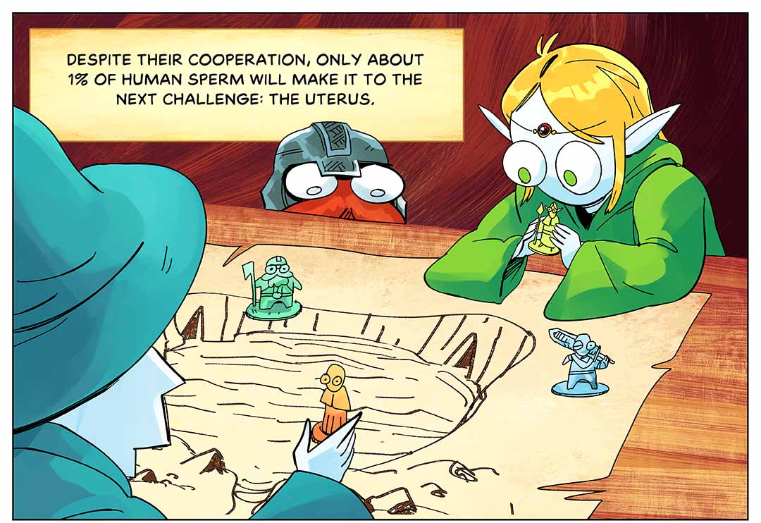 Despite their cooperation, only about 1 percent of human sperm will make it to the next challenge: the uterus. Illustration: Two wizards look over a map, holding figurines.