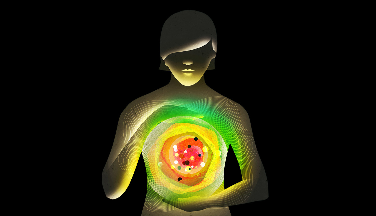 A conceptual illustration of a person holding cradling her torso, which is colorful, glowing and special-looking. 
