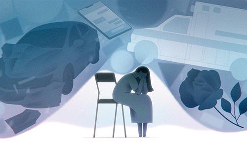 Conceptual illustration shows a woman, head in hands, sitting on a chair. Images surrounding her depict a death she may have caused through negligence: an ambulance, bicycle on its side, damaged car, grave site and a cell phone opened to a texting app.