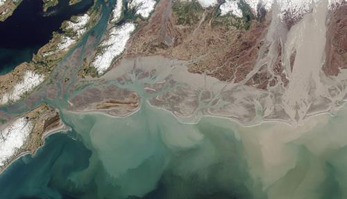An aerial image of the Copper River flowing into the Gulf of Alaska, dumping clouds of sediment into the sea.