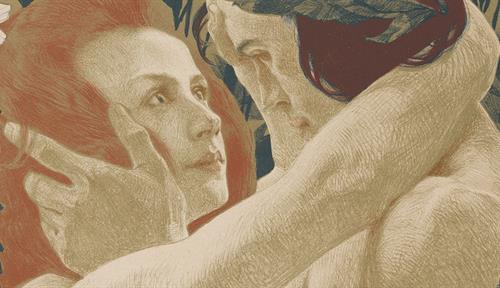 Two lovers gaze into one another’s eyes.