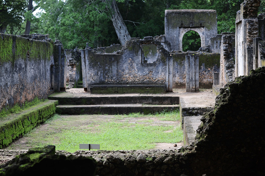 Ruin complex includes mossy stone walls with windows.