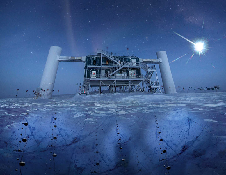 An artist’s rendering, based on a real image of the IceCube Lab at the South Pole, shows a distant point of light that emits neutrinos and can be detected below the ice by strings of sensors.