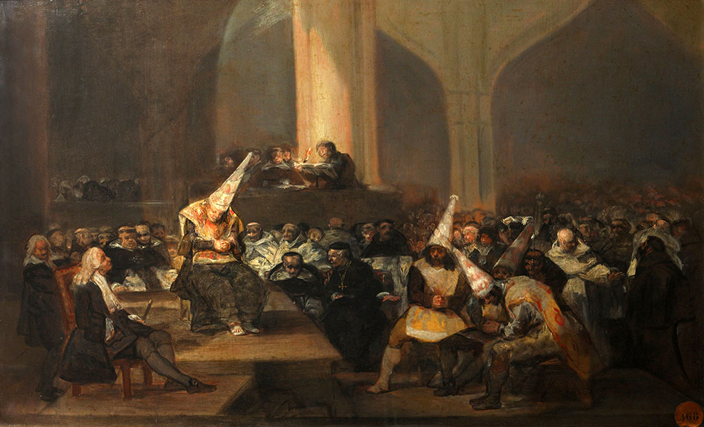 A dimly lit painting by Francisco Goya depicts hooded penitents in pointed caps standing accused before Inquisitors, while a crowd watches.