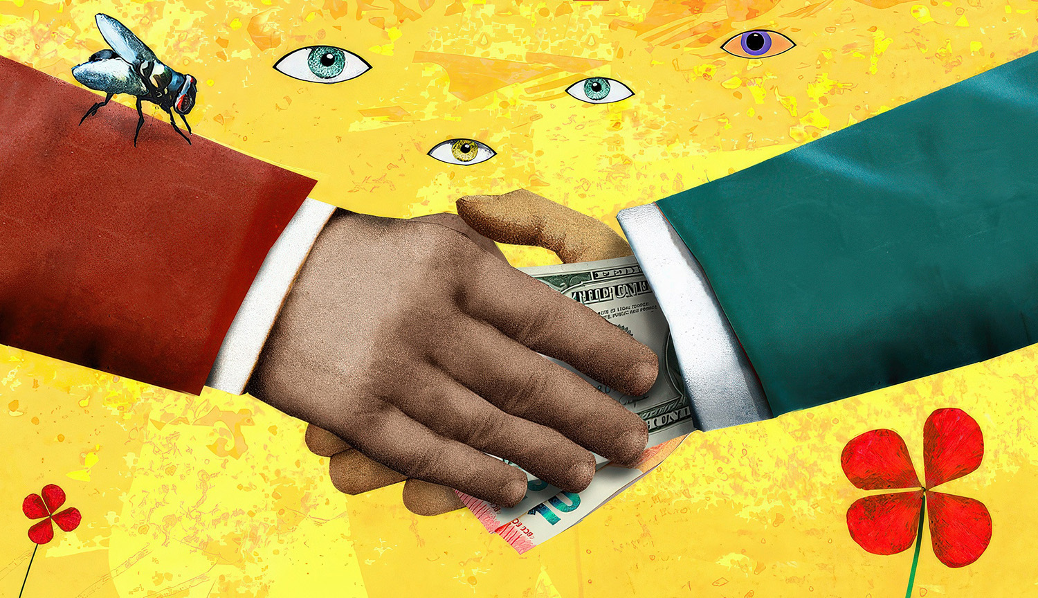 Illustration shows a handshake with money changing hands, and watching eyes.