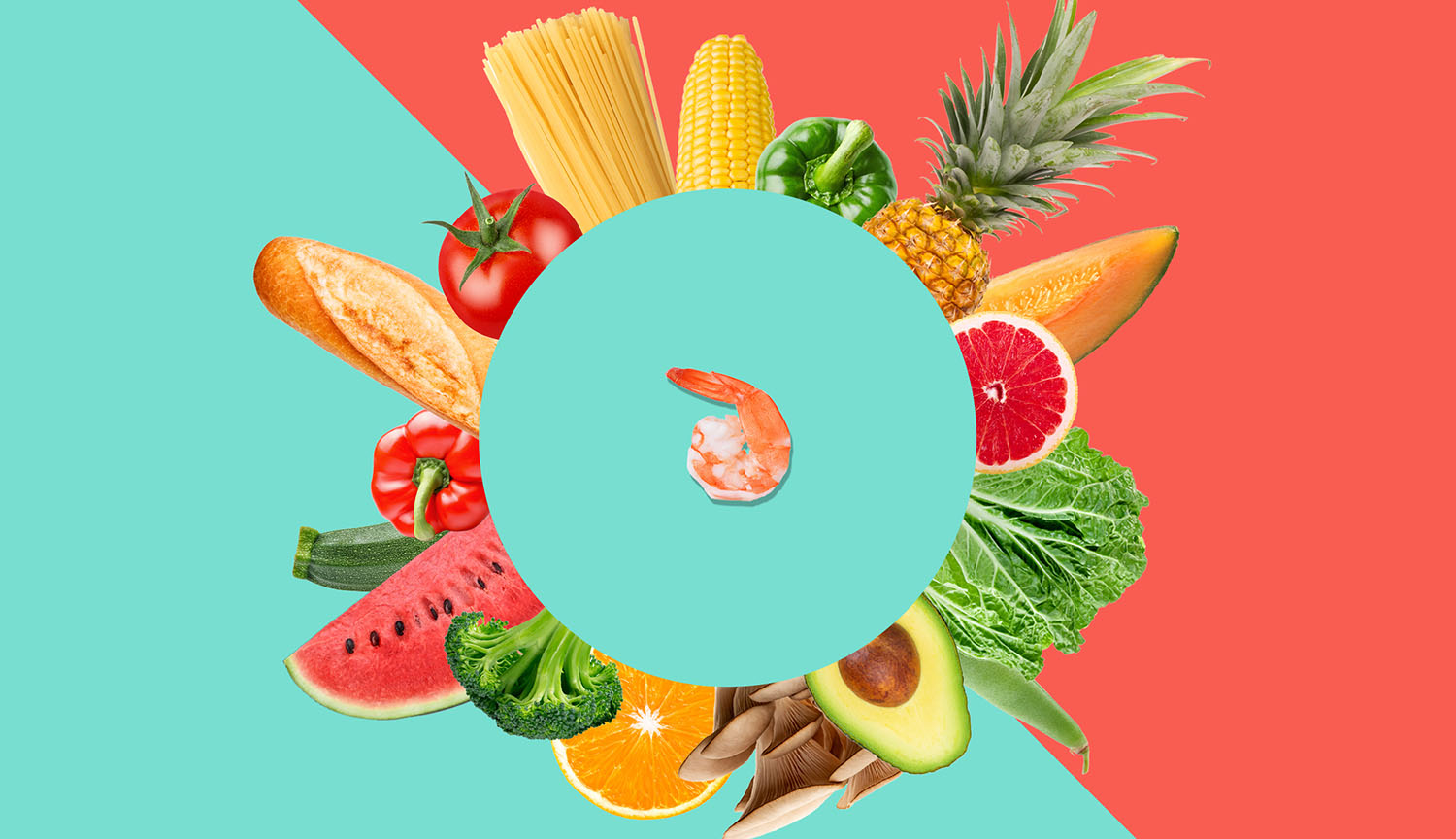 A graphic shows a diverse selection of foods with just one protein source, a single shrimp.