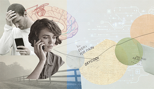 An illustration shows anguished people with opioid use disorder being treated remotely by a doctor on a laptop computer.