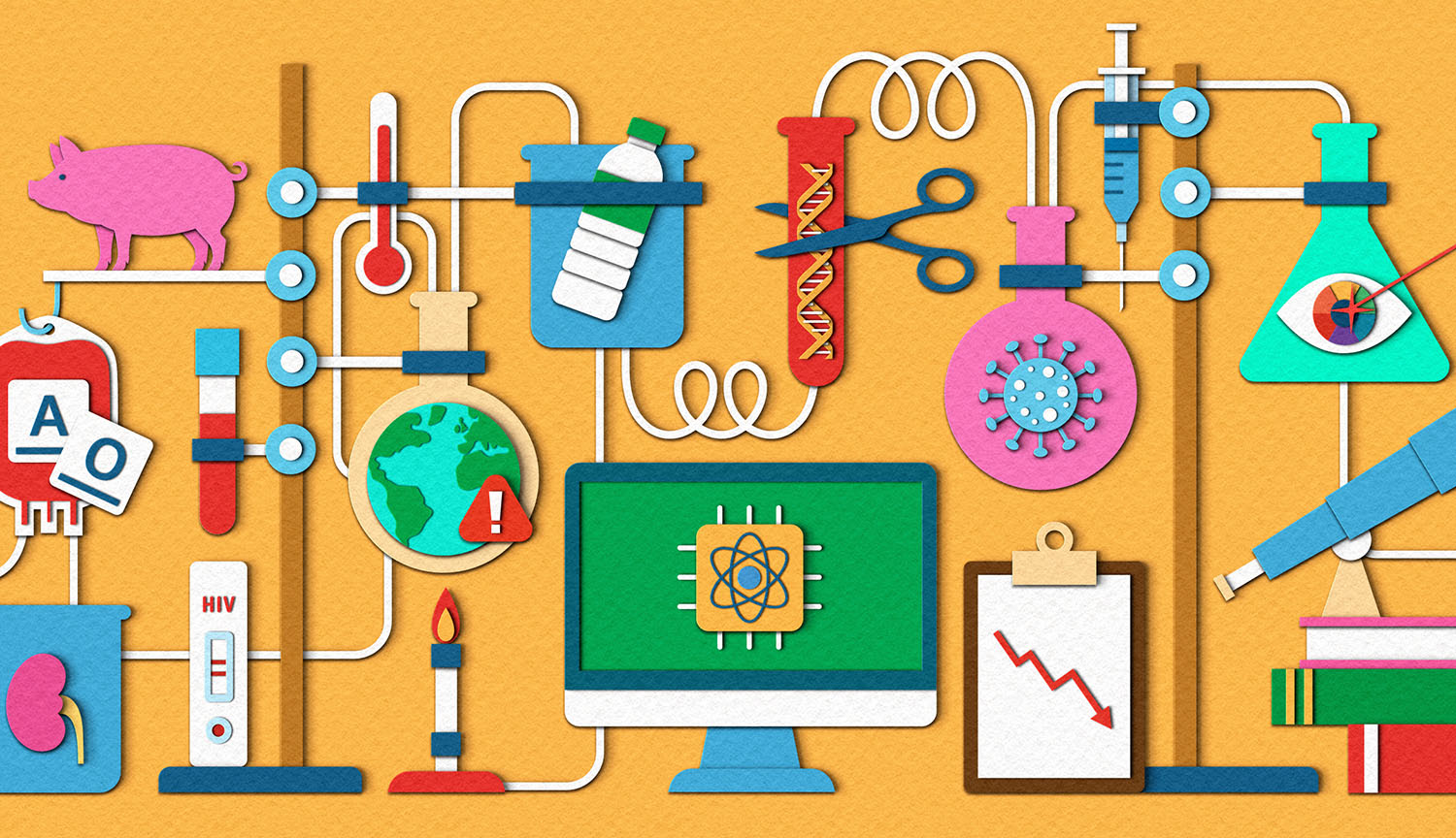 Fanciful drawing of scientific-looking apparatus, highlighting a variety of research that made the news this year.