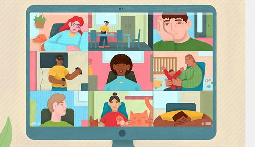 Illustration of a computer screen showing nine people taking part in a virtual meeting. Not all of them are paying attention. One is working out, one is slumped on the desk, one is holding a screaming child and another is being visited by a cat. 