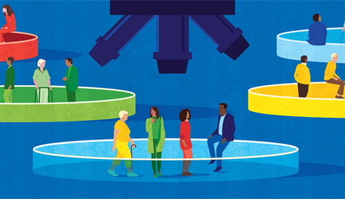 Illustration offers a conceptual view of basket trials for cancer research. Patients wearing different colors are grouped into a single petri dish for study under a microscope. In the background, petri dishes show people grouped by color of their clothing.