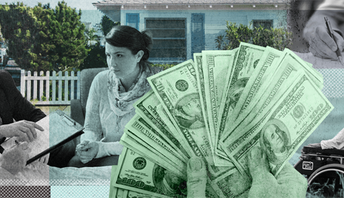 Collage shows various images representing financial decisions faced by retired people, dollars for saving, making a will, a house, long-term care for the elderly, dealing with unexpected medical expenses.