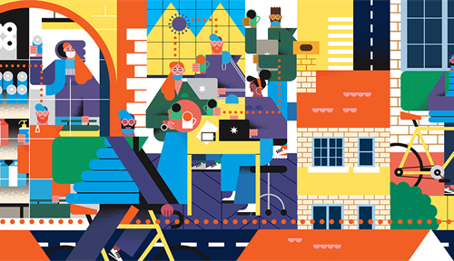 Illustration of a busy city with people at café, in grocery store, on street. Dotted lines mark movement of one person to different environments; coronavirus particles are present.