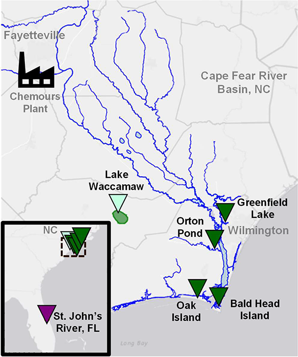 Map showing locations where researchers sampled alligator blood.