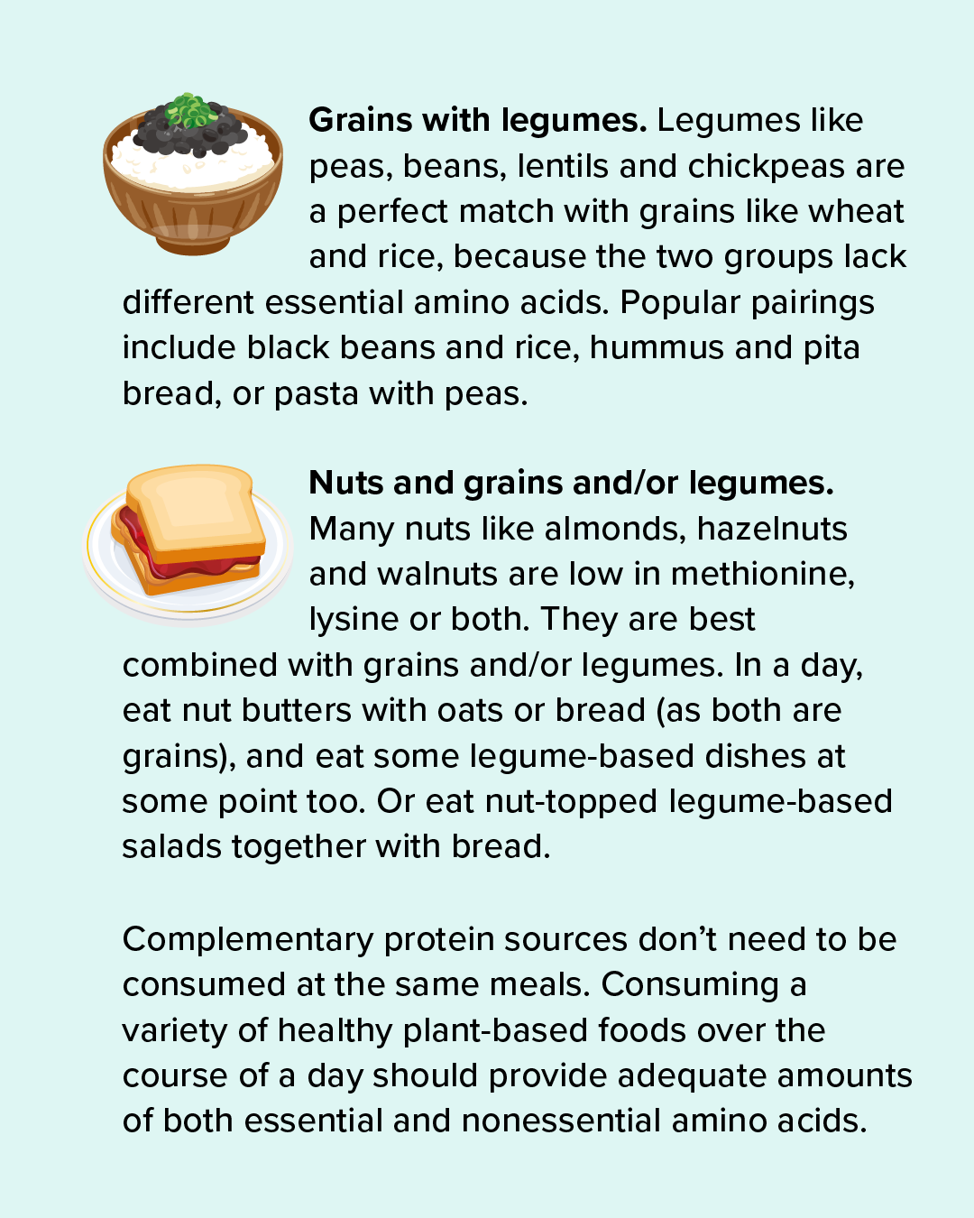 Second slide of a graphic shows how to pair plant foods to create “complete” protein sources.