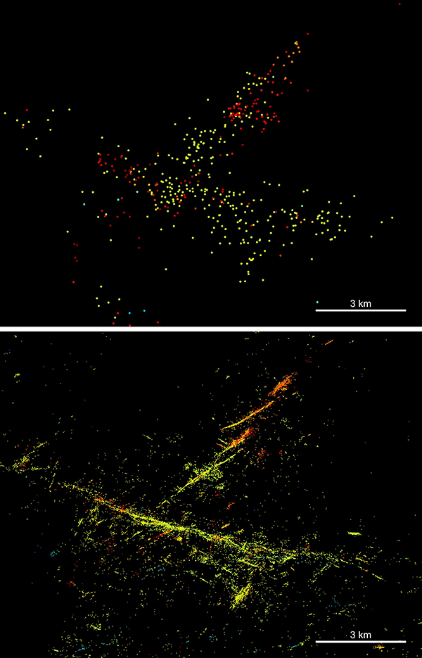 Two images show dots indicating earthquakes detected in a swarm of tremors in Oklahoma. There are many, many more dots in the bottom image — in which AI was used to analyze the data — and the lines of faults can be seen far more clearly.