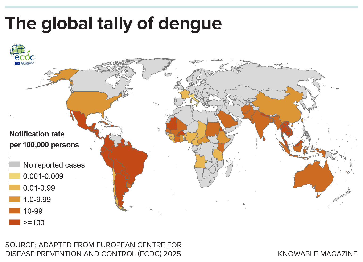 A map shows reported cases of dengue around the world — regions that have many cases are colored deep red. Those include the Americas, Pacific Islands and SE Asia.