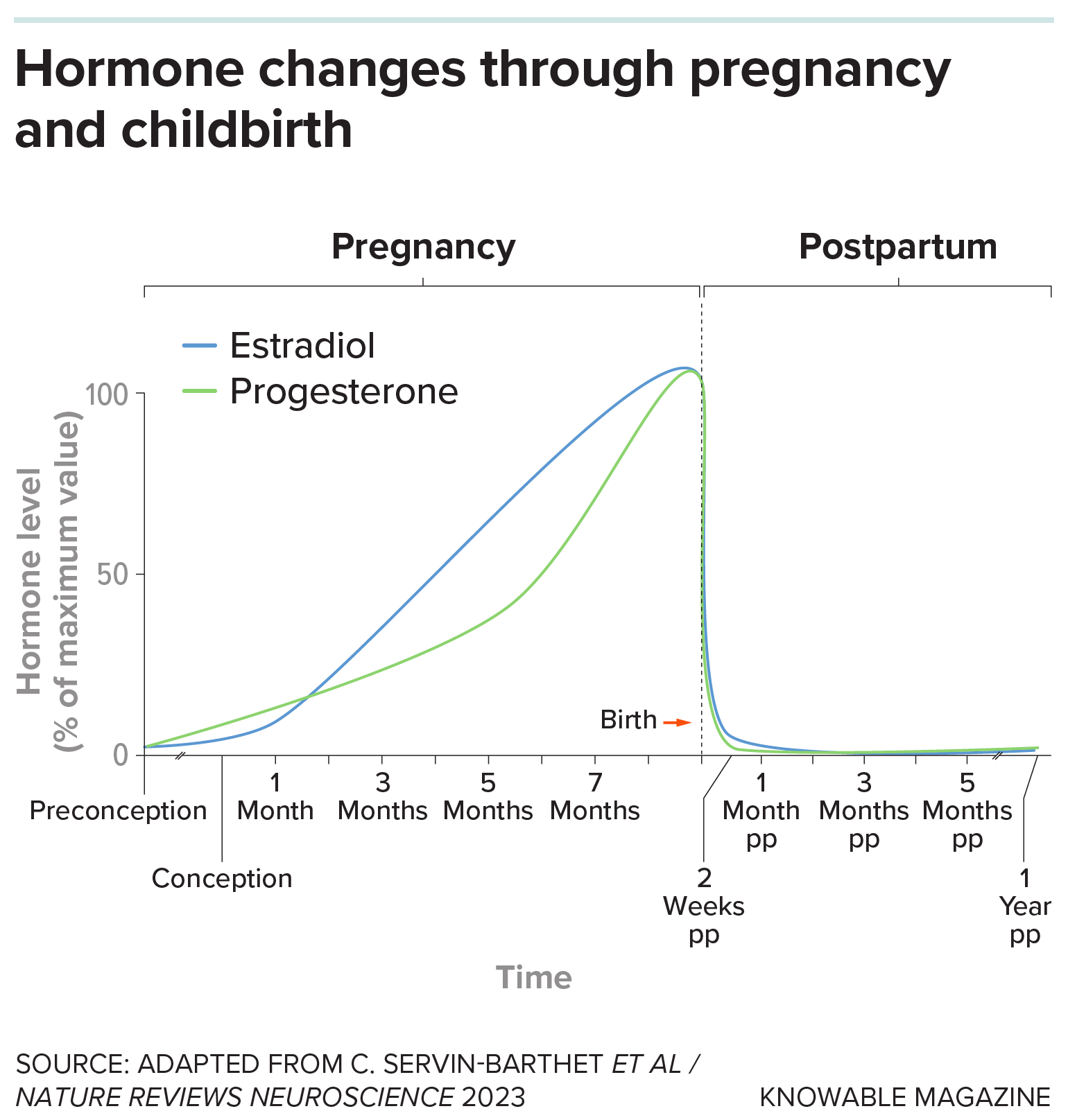Graph showing a steady rise in levels of estradiol and progesterone after conception and then a very steep drop-off right after birth.