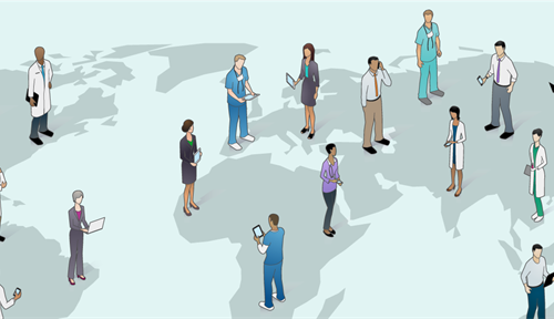 Illustration of a world map with a variety of health workers standing on top of the map.