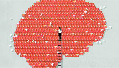 Illustration of the brain’s information storage system as a brain-shaped set of filling cabinets that store memories. Some pieces of paper are falling out of the cabinets, representing how we forget memories. Emerging views see forgetting as an active process of an efficient brain designed to make good decisions.
