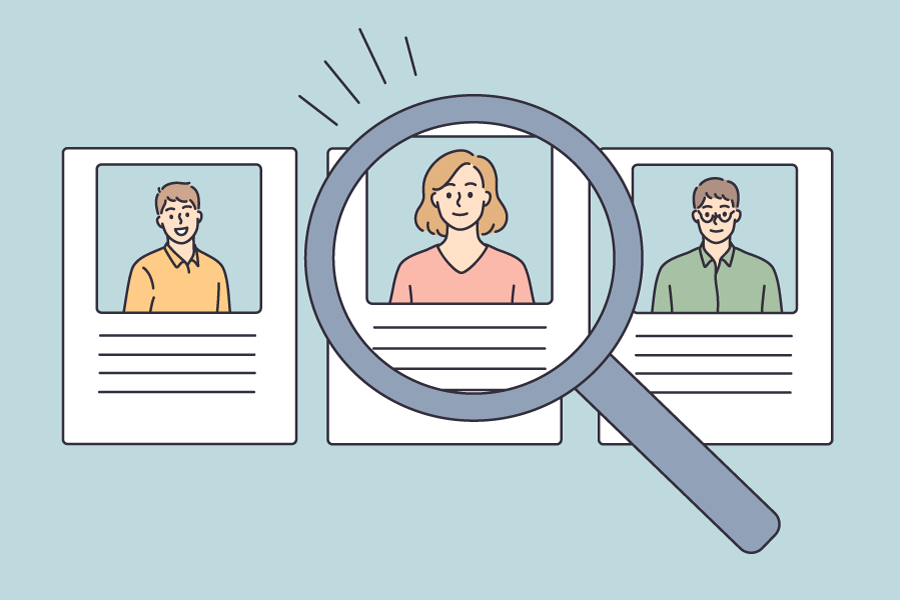 An illustration shows head and shoulder portraits of three people with text underneath each of them. A magnifying glass highlights one of the three.