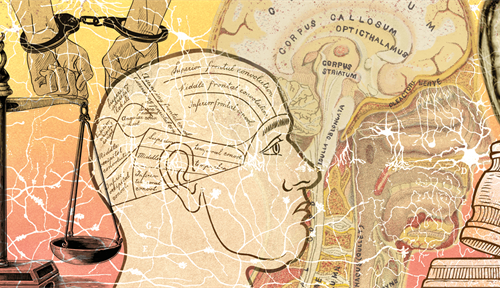 Conceptual illustration of neuroscience and the law. Included are a man’s head, nerve cells, gavel, eye and brains, one of which is balanced on legal scales.