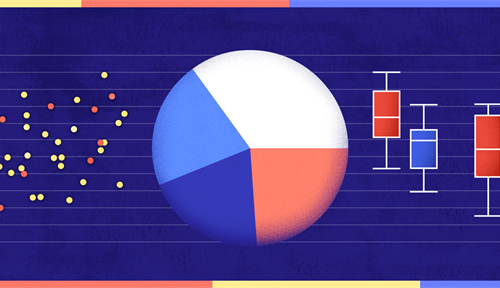Illustration shows common data visualization forms, such as a pie chart, box plots and a scatterplot.