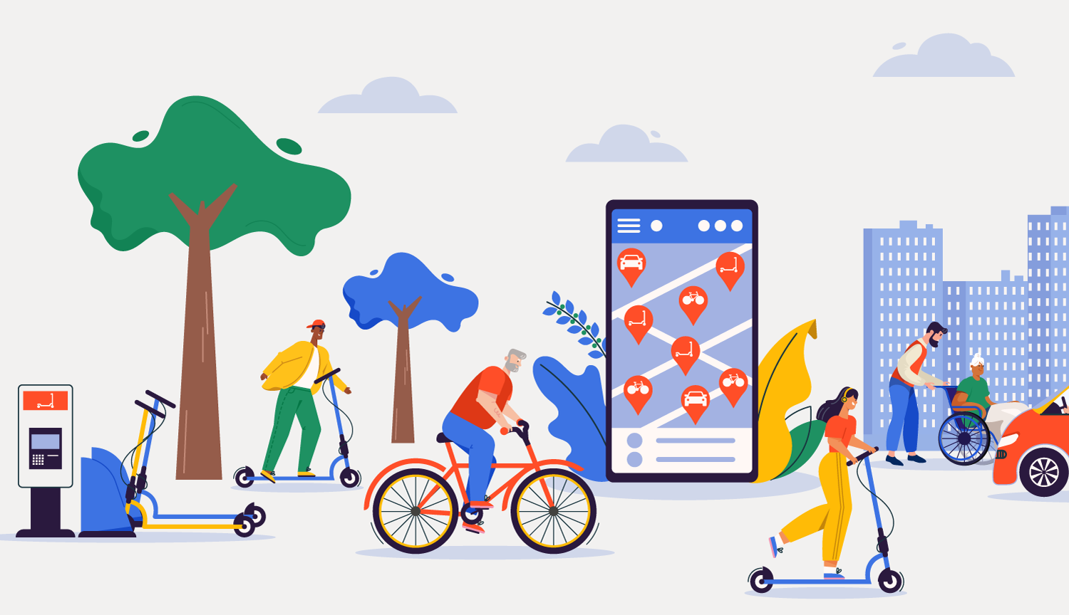 A collage illustration shows people of all ages and ethnicities using shared mobility services, including e-scooters, bicycles and rideshares.