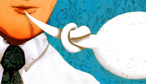 Illustration of a knotted speech bubble coming from a man’s mouth.