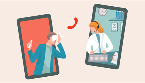 Illustration of the concept of a video visit. Show are two cell phones. Leaning out of one of them is a doctor in a white coat; leaning out of the other is a person holding a thermometer and Kleenex.