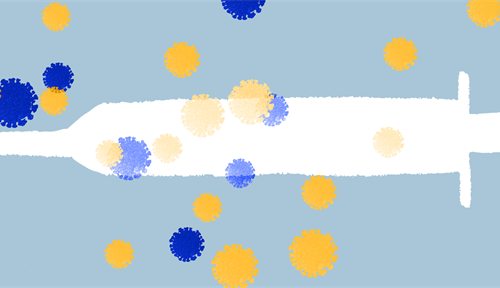 Conceptual illustration featuring a syringe and virus particles.